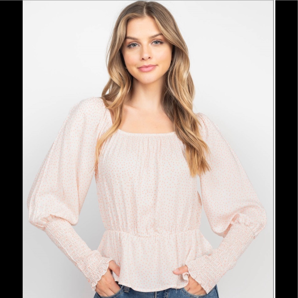 Long Puff Sleeve With Shirred Arm Detail Square Neck Peplum Hem Printed top 3 Pk